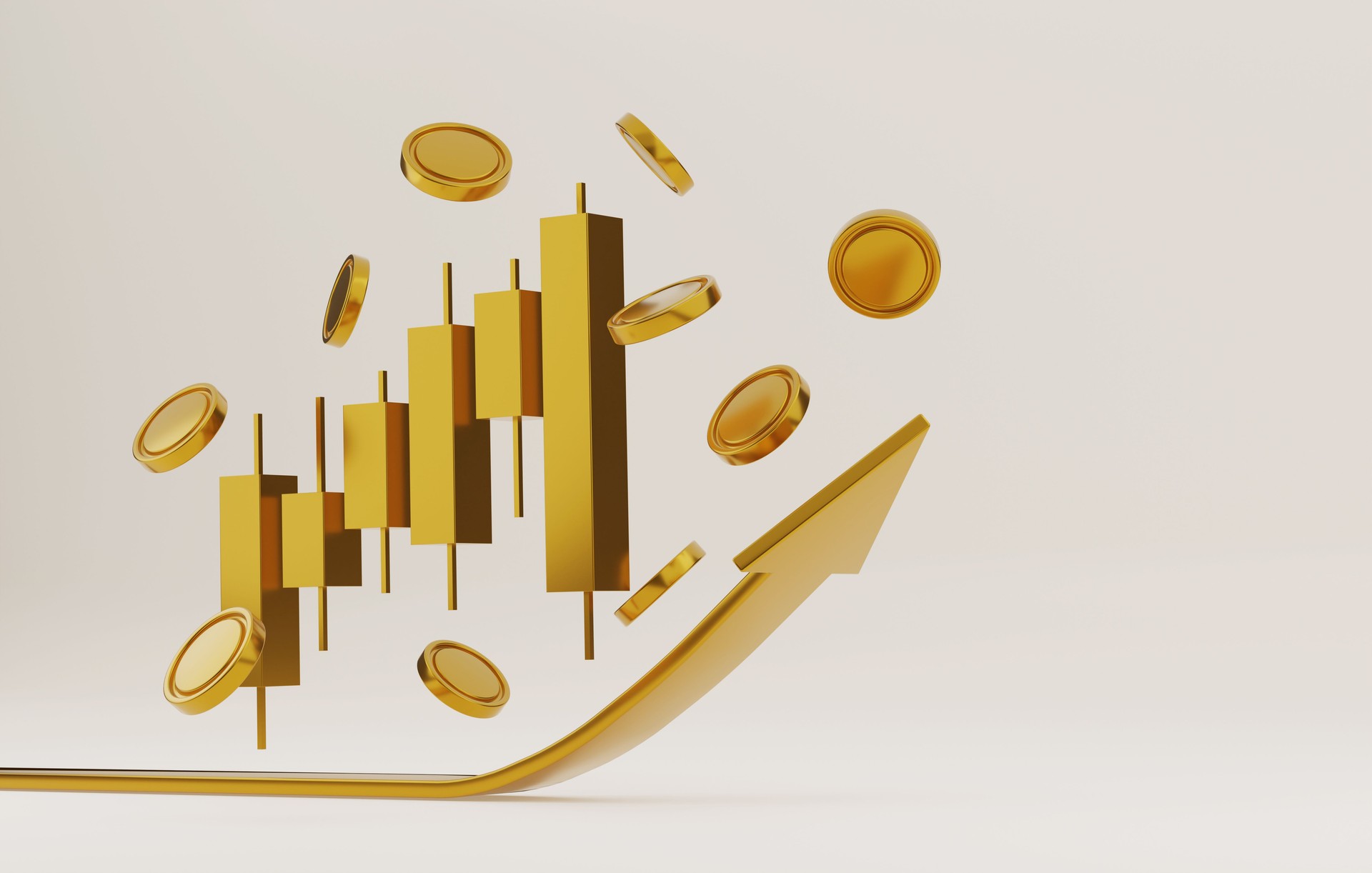 Candlestick chart graphs and gold business selling gold bullion, upward arrow graphs